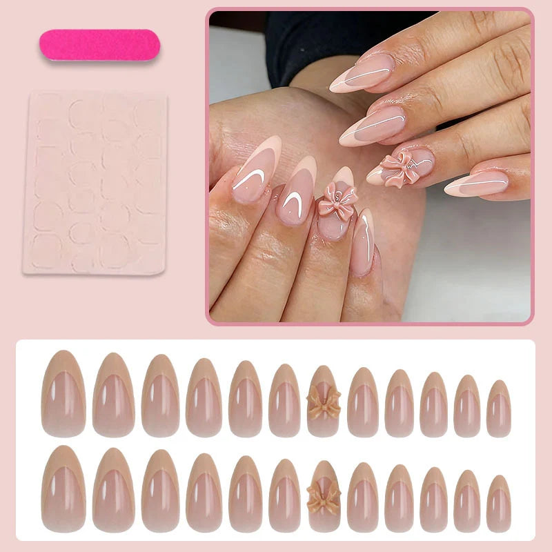 Press-On Nail Set Elegant Bow Accents Easy Application