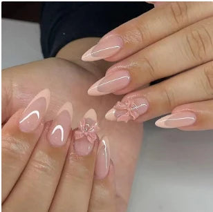 Press-On Nail Set Elegant Bow Accents Easy Application