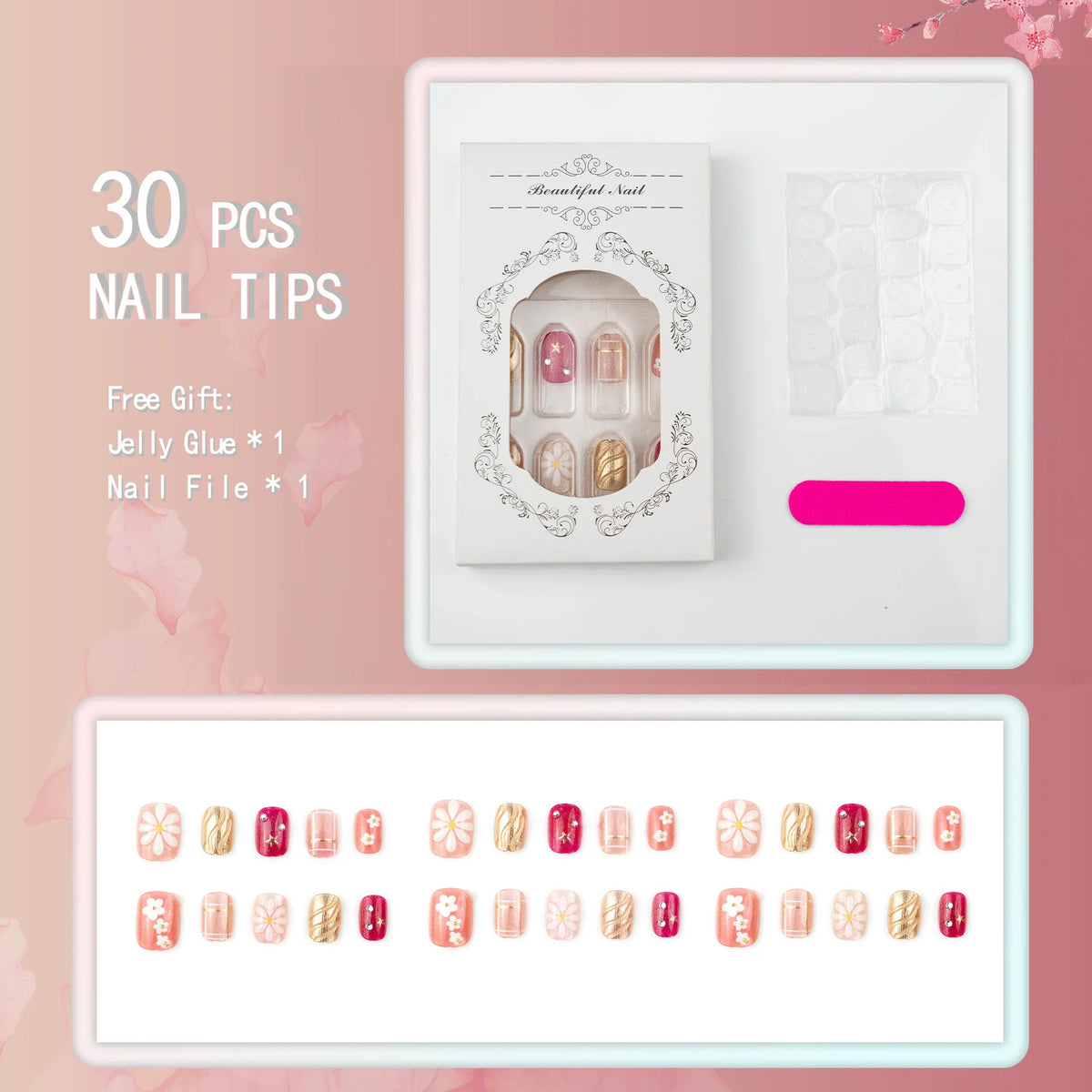 Press-On Nail Set Elegant Floral Easy Application