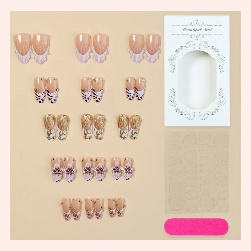Press-On Nail Set Elegant Gold Accents Easy-Apply & Reusable