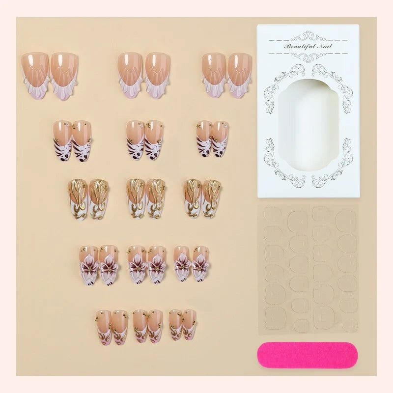 Press-On Nail Set Elegant Gold Accents Easy-Apply & Reusable