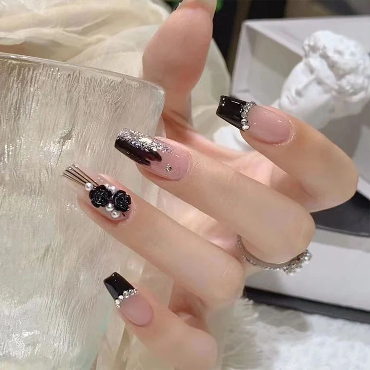 Press-On Nail Set Embellished Black Reusable