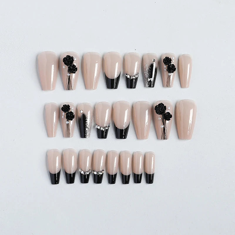 Press-On Nail Set Embellished Black Reusable