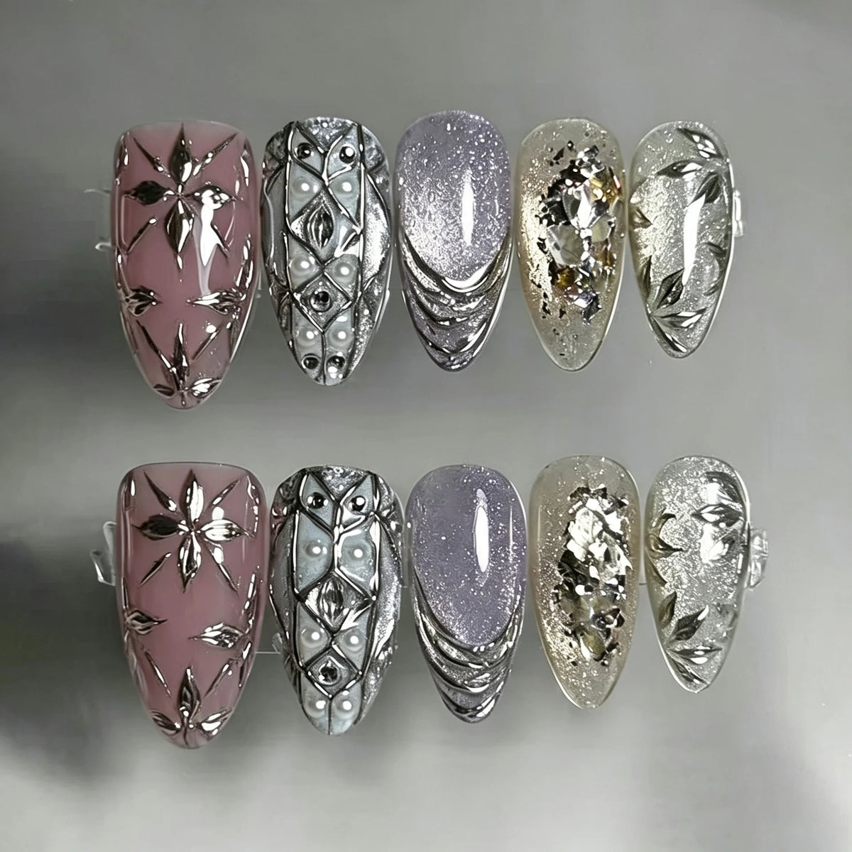 Press-On Nail Set Embellished Design No Glue & Reusable