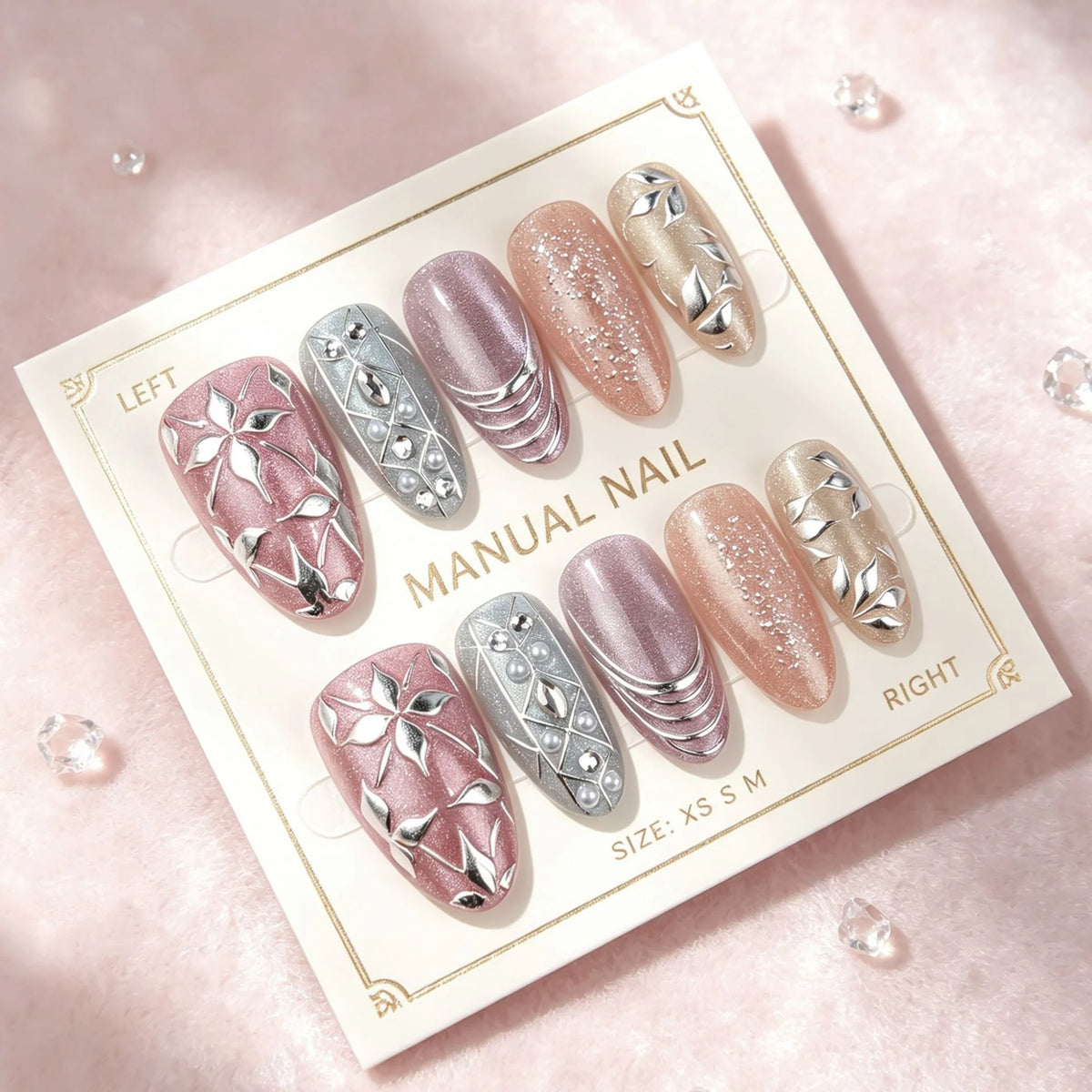 Press-On Nail Set Embellished Design No Glue & Reusable