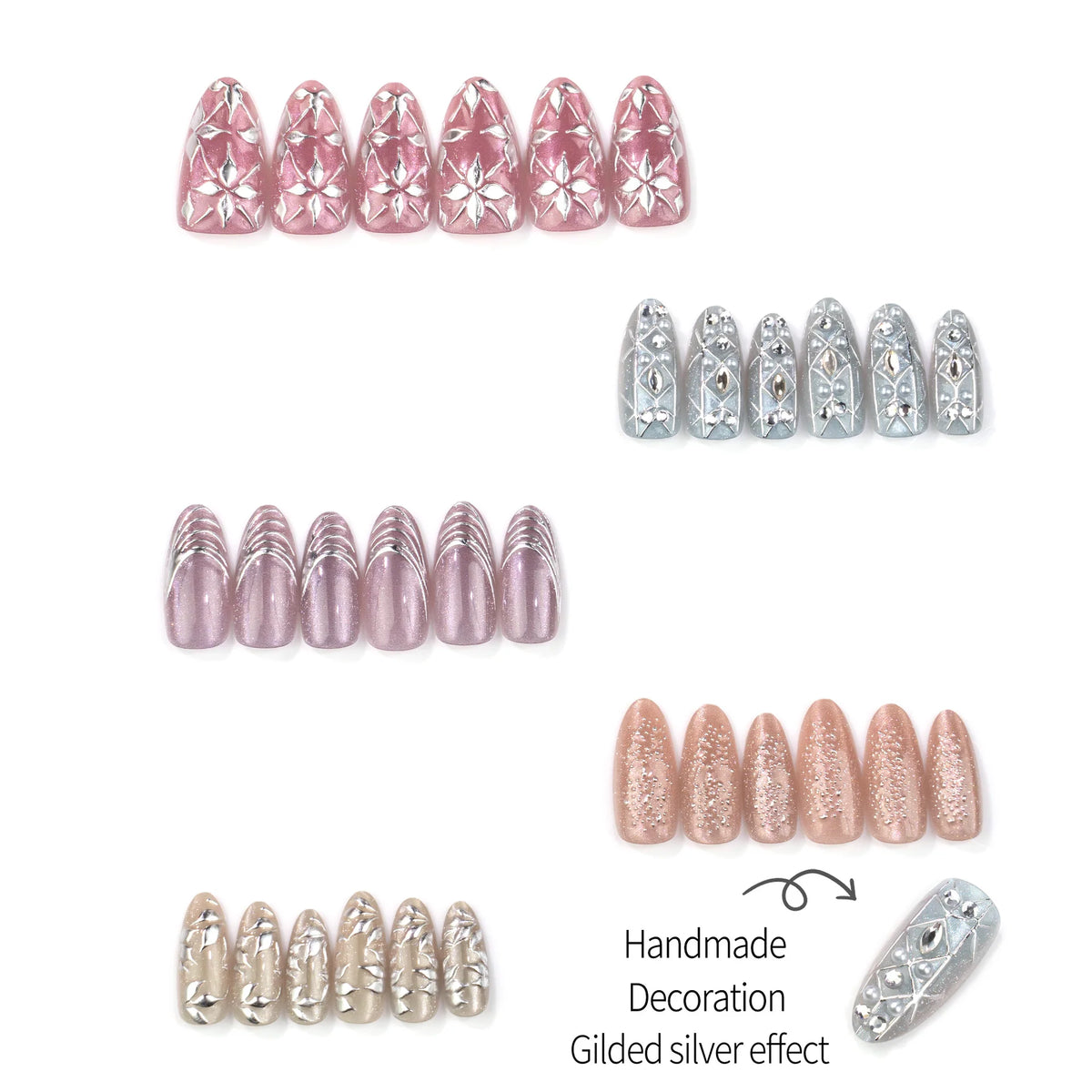 Press-On Nail Set Embellished Design No Glue & Reusable