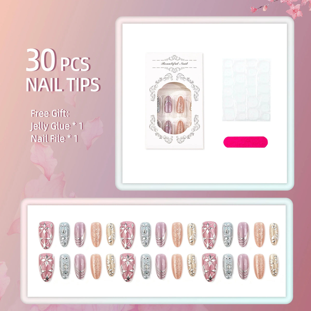 Press-On Nail Set Embellished Design No Glue & Reusable