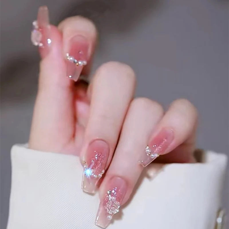 Press-On Nail Set Embellished Pink Strong Adhesive & Reusable