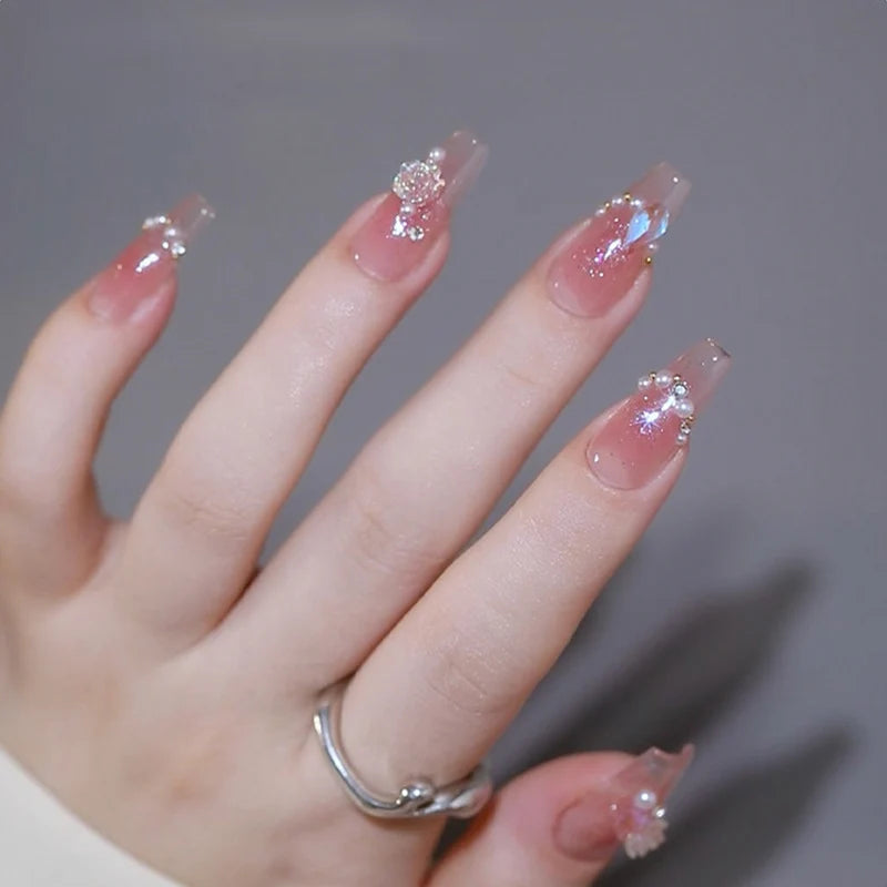 Press-On Nail Set Embellished Pink Strong Adhesive & Reusable