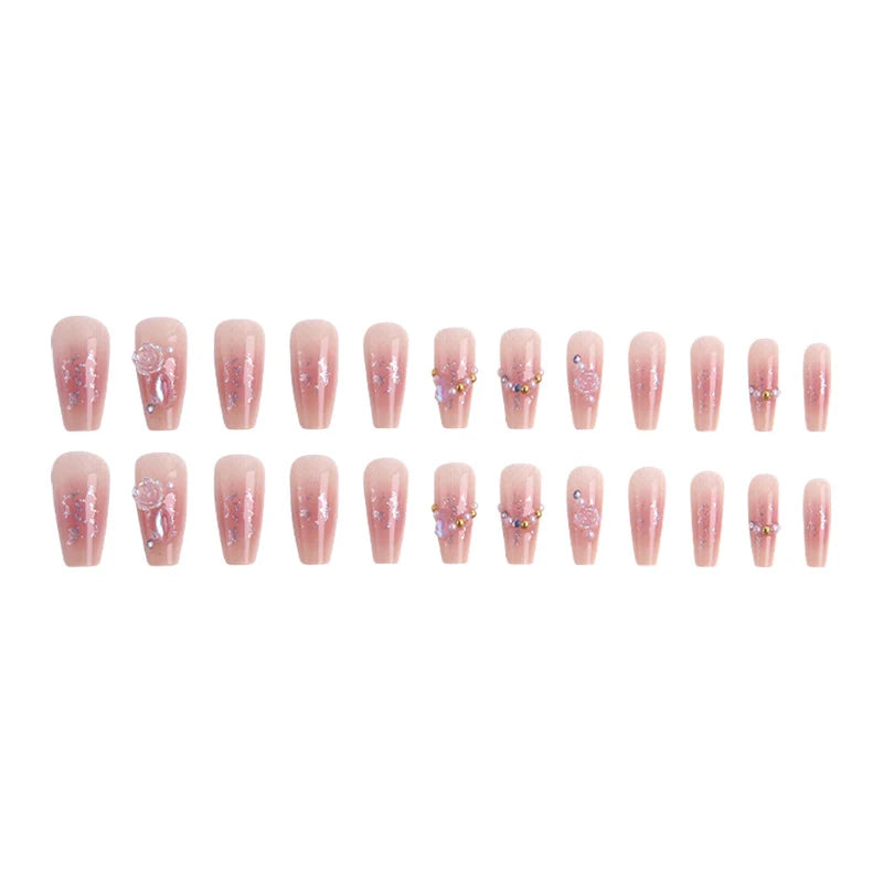 Press-On Nail Set Embellished Pink Strong Adhesive & Reusable