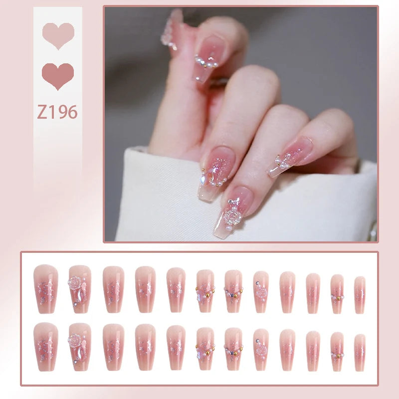 Press-On Nail Set Embellished Pink Strong Adhesive & Reusable