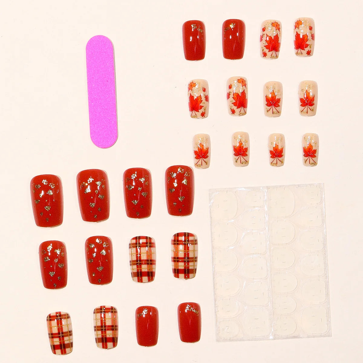 Press-On Nail Set Fall Leaves & Plaid Easy Application