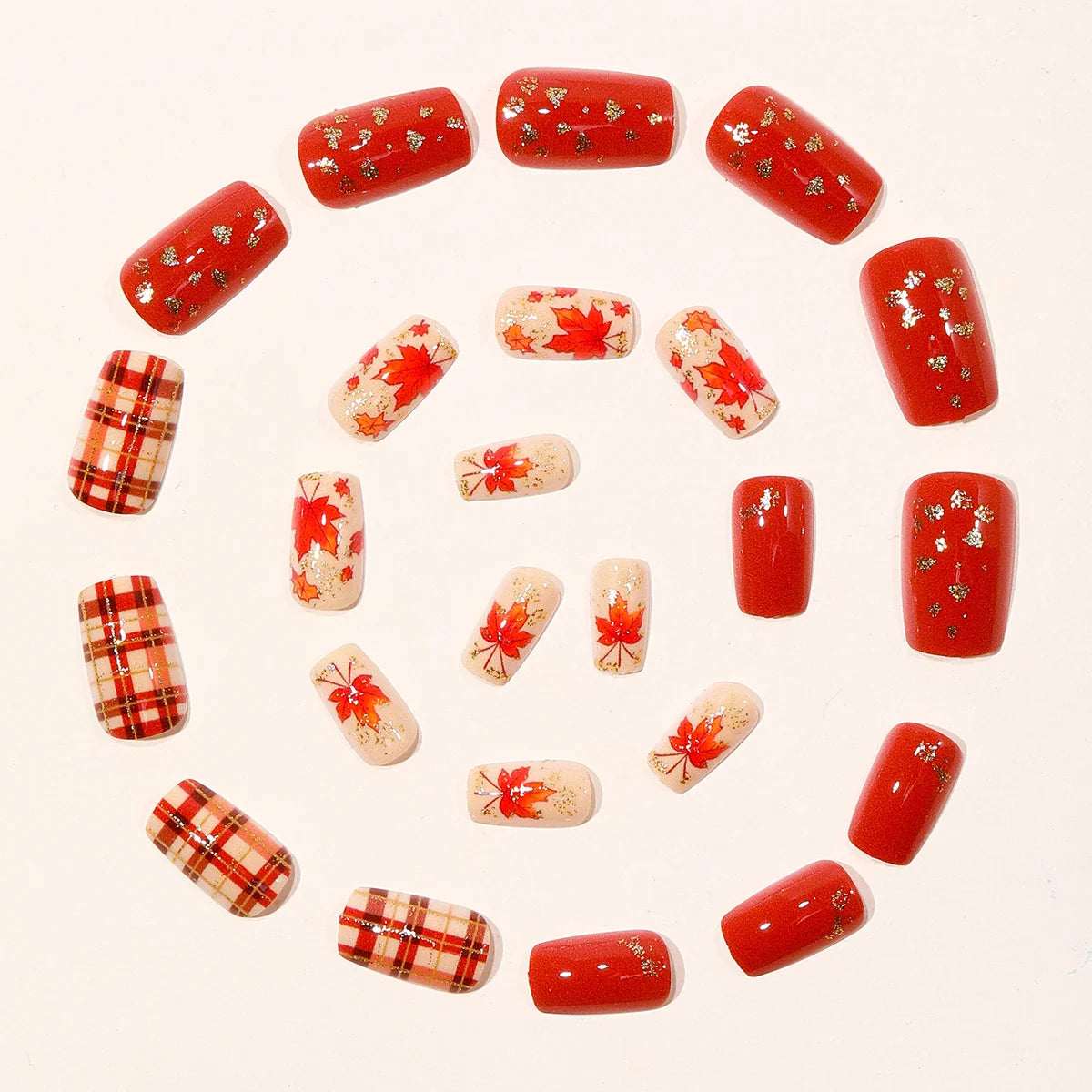 Press-On Nail Set Fall Leaves & Plaid Easy Application