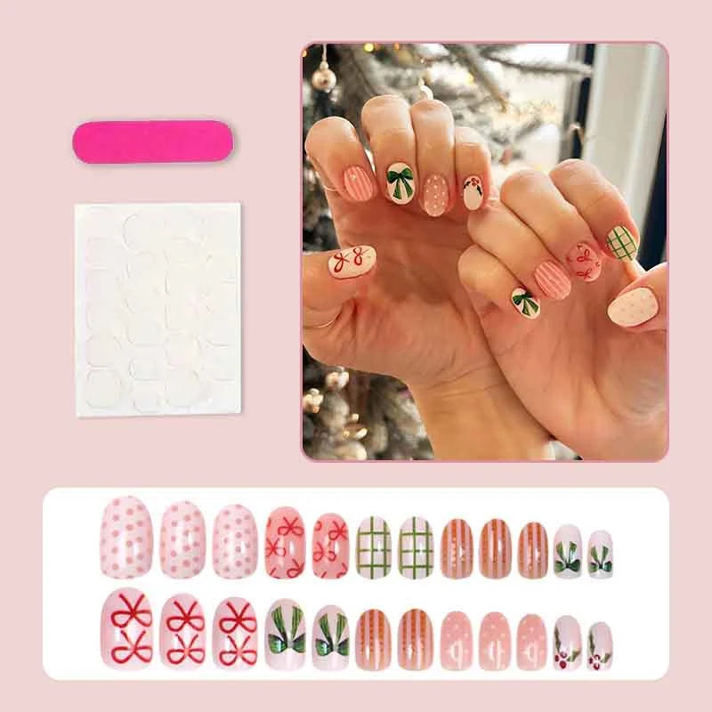 Press-On Nail Set Festive Bows Easy-Apply & Long-Lasting