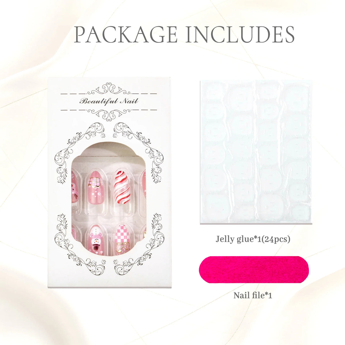 Press-On Nail Set Festive Designs 24-Piece Jelly Glue & File