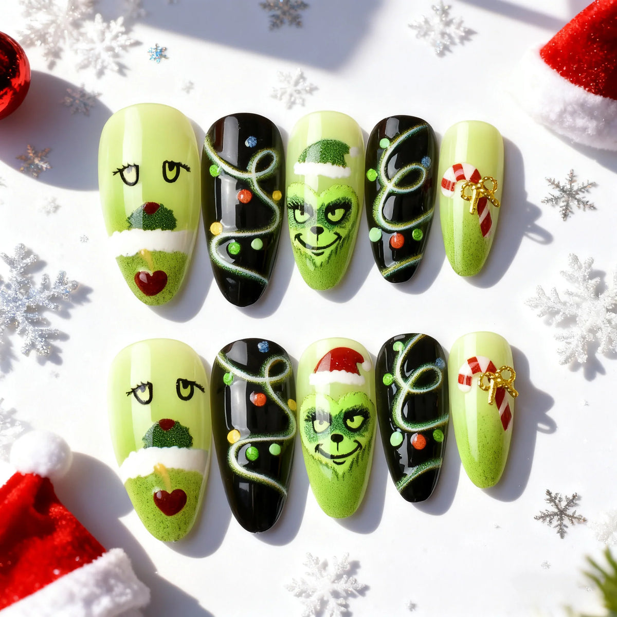Press-On Nail Set Festive Grinch Designs Easy Application