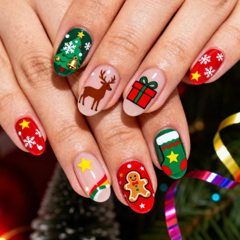 Press-On Nail Set Festive Holiday Designs Reusable