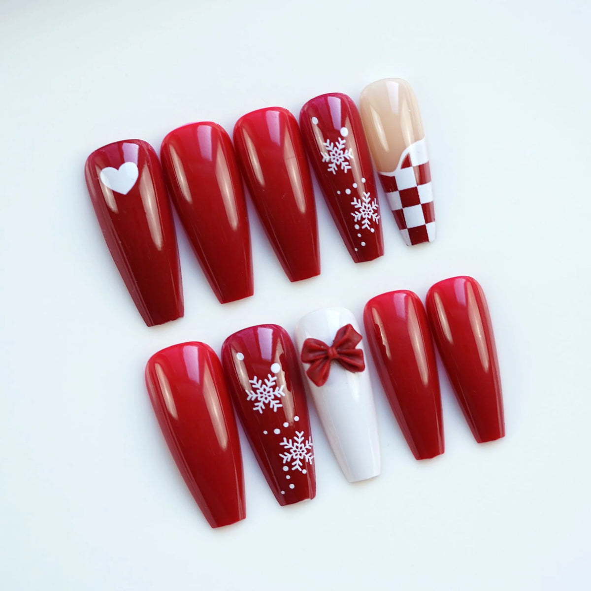 Press-On Nail Set Festive Red Snowflake Multiple Sizes
