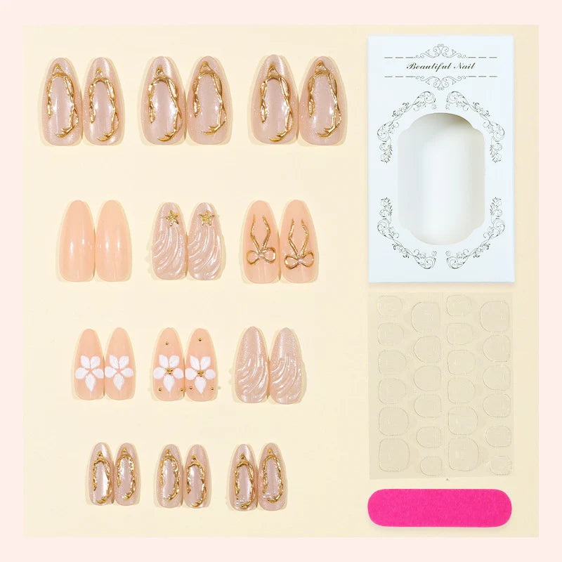 Press-On Nail Set Filigree Floral & Gold Accents