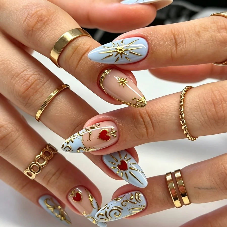 Press-On Nail Set Filigree Gold Accents & Heart Motifs