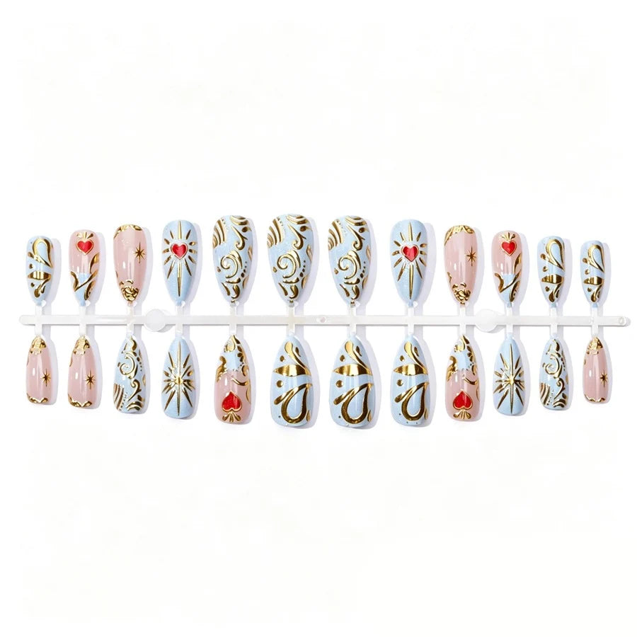 Press-On Nail Set Filigree Gold Accents & Heart Motifs