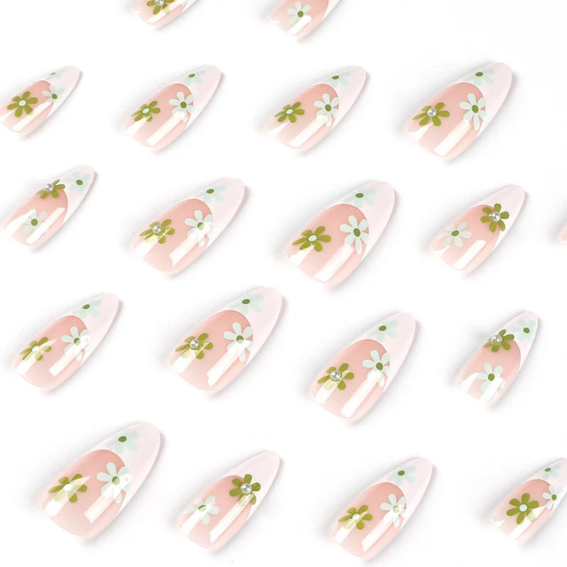 Press-On Nail Set Flat French Floral Reusable