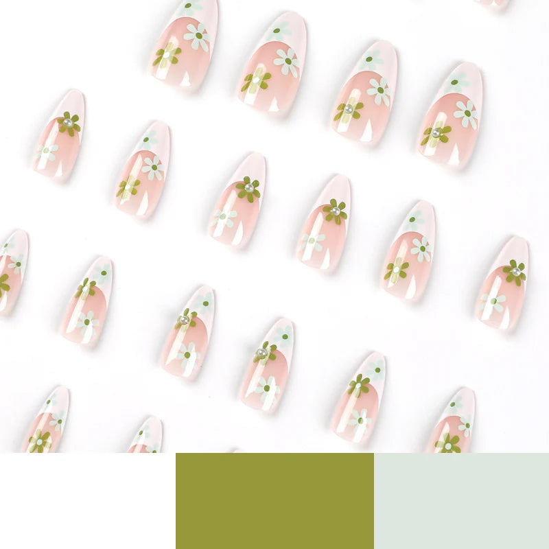 Press-On Nail Set Flat French Floral Reusable