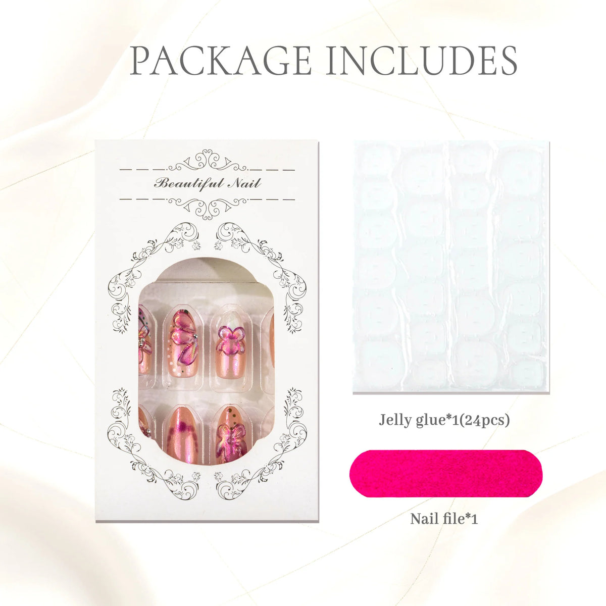 Press-On Nail Set Floral 24-Piece Includes Glue & File