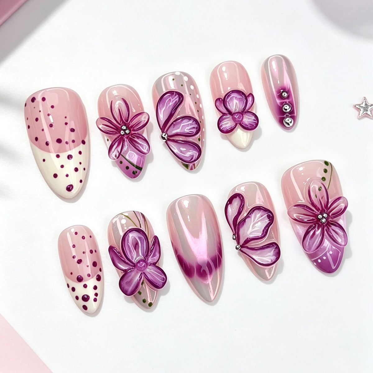 Press-On Nail Set Floral 24-Piece Includes Glue & File