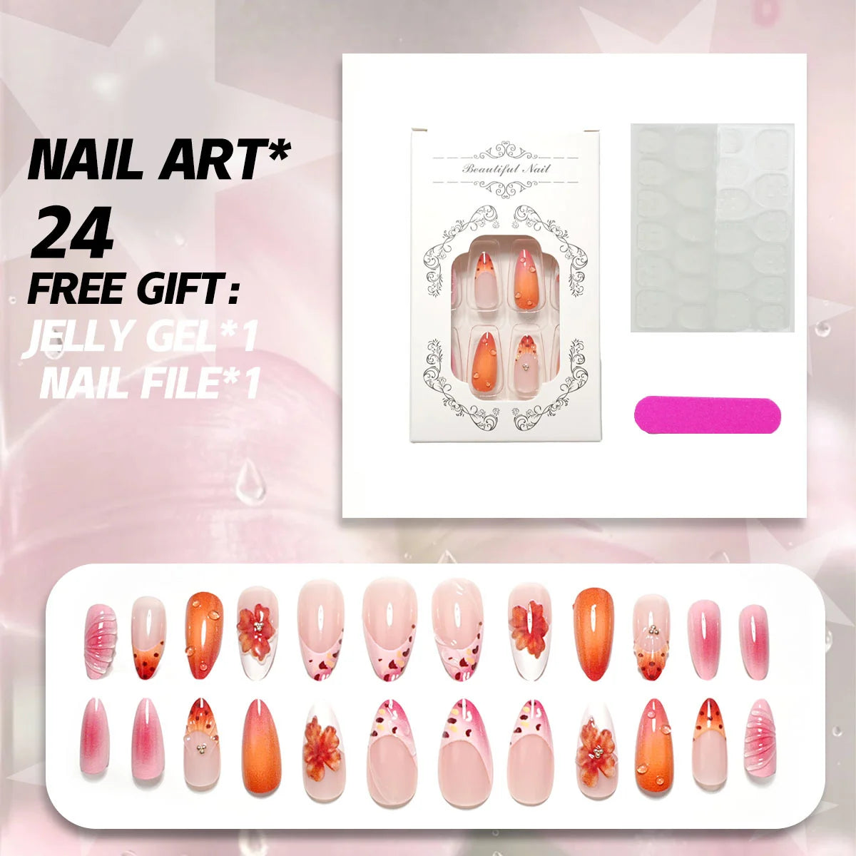 Press-On Nail Set Floral 24-Piece Peel And Apply