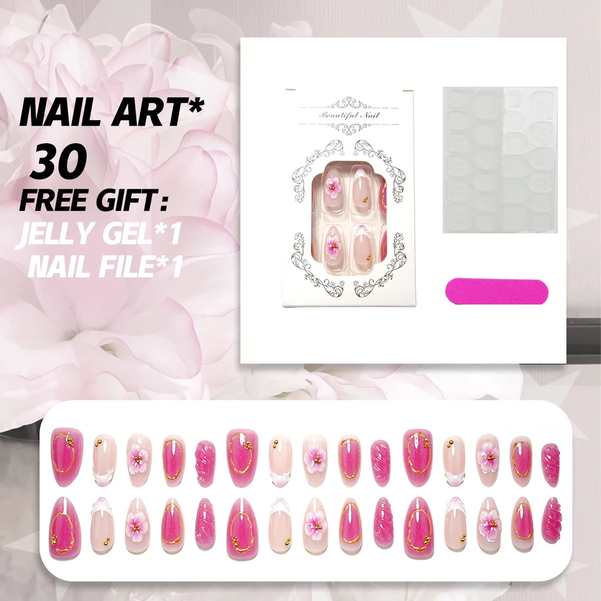 Press-On Nail Set Floral 30 Piece Gel & File