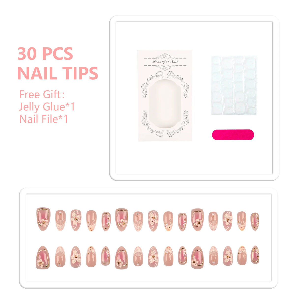 Press-On Nail Set Floral 30-Piece With Glue & File