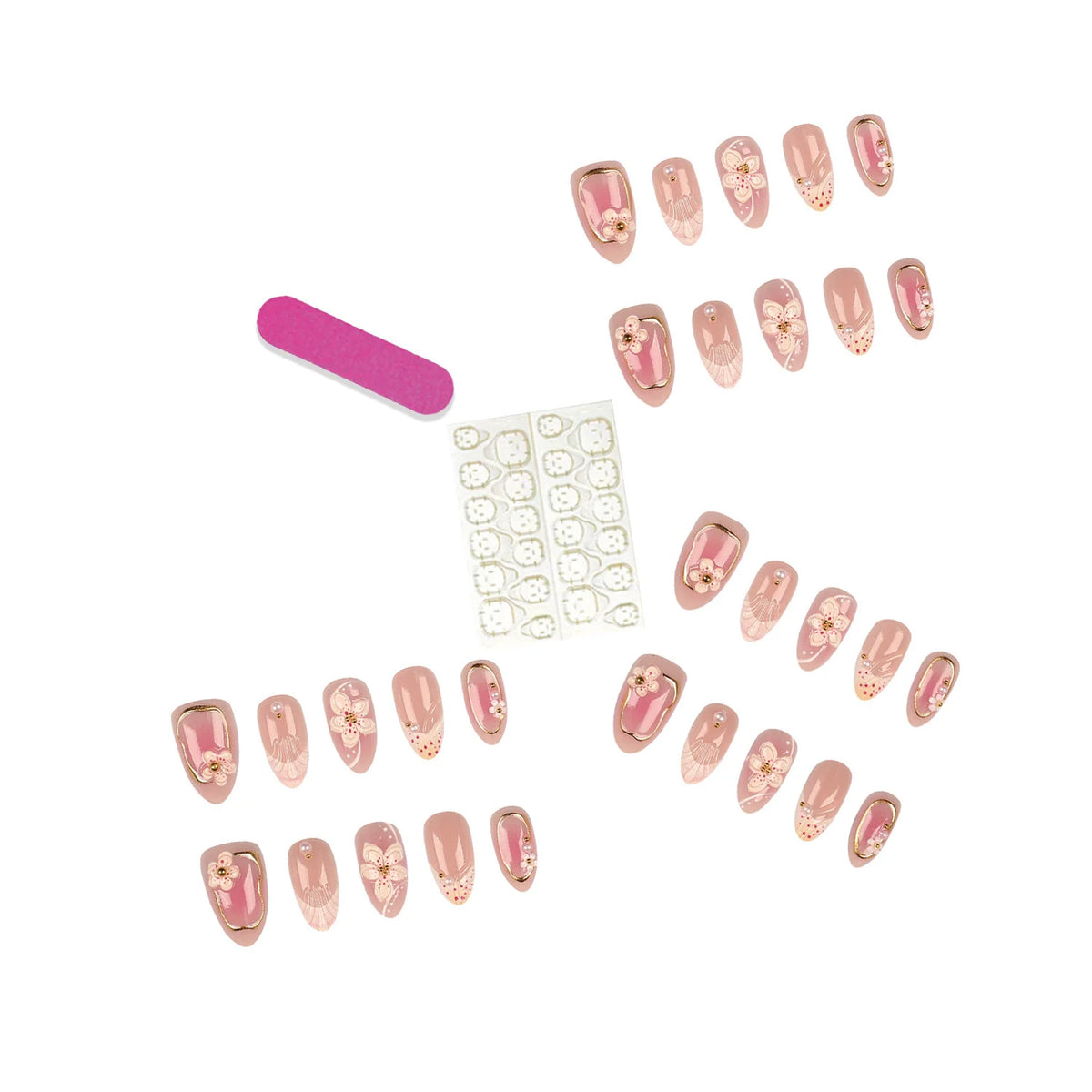 Press-On Nail Set Floral 30-Piece With Glue & File