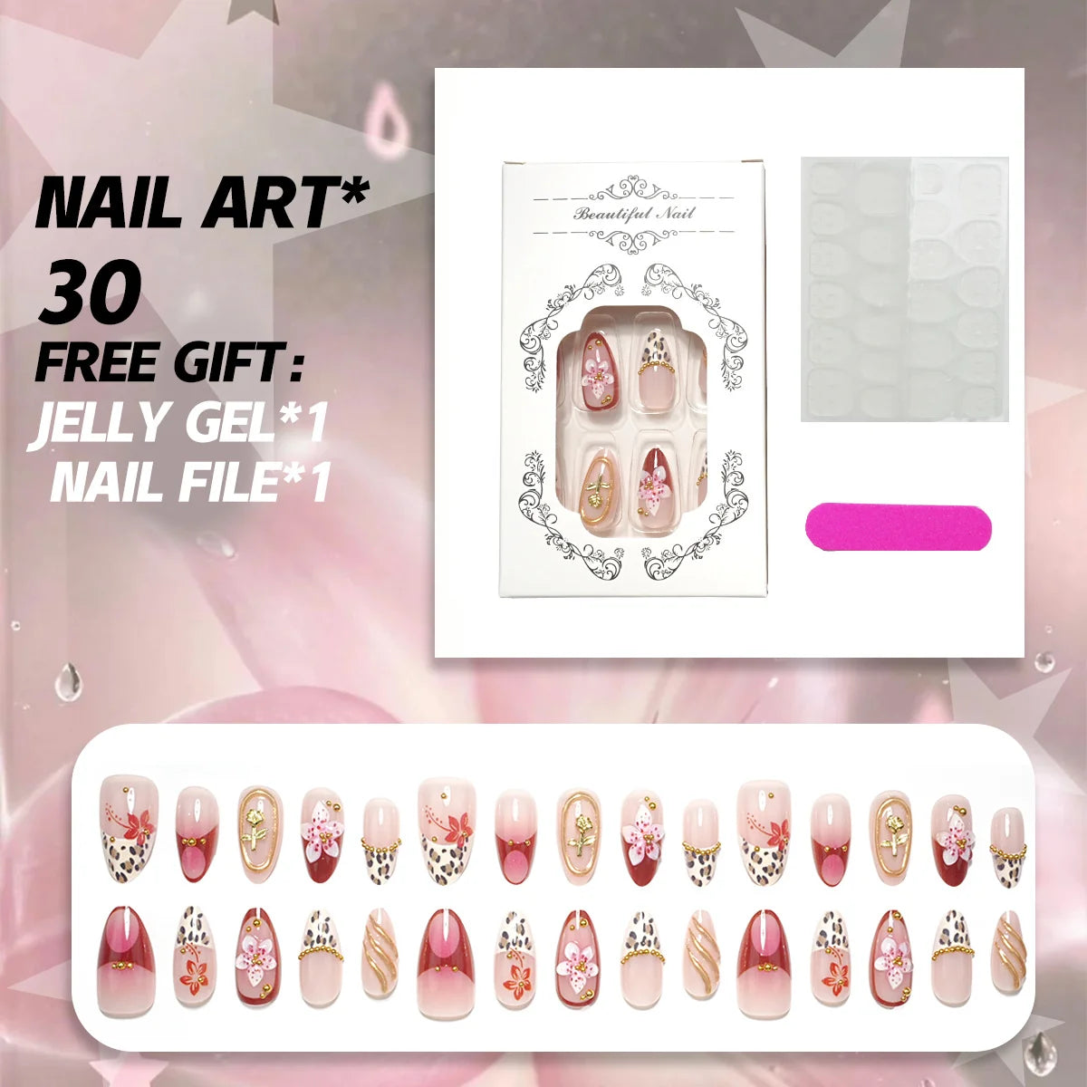 Press-On Nail Set Floral 30 Pieces Peel-And-Stick