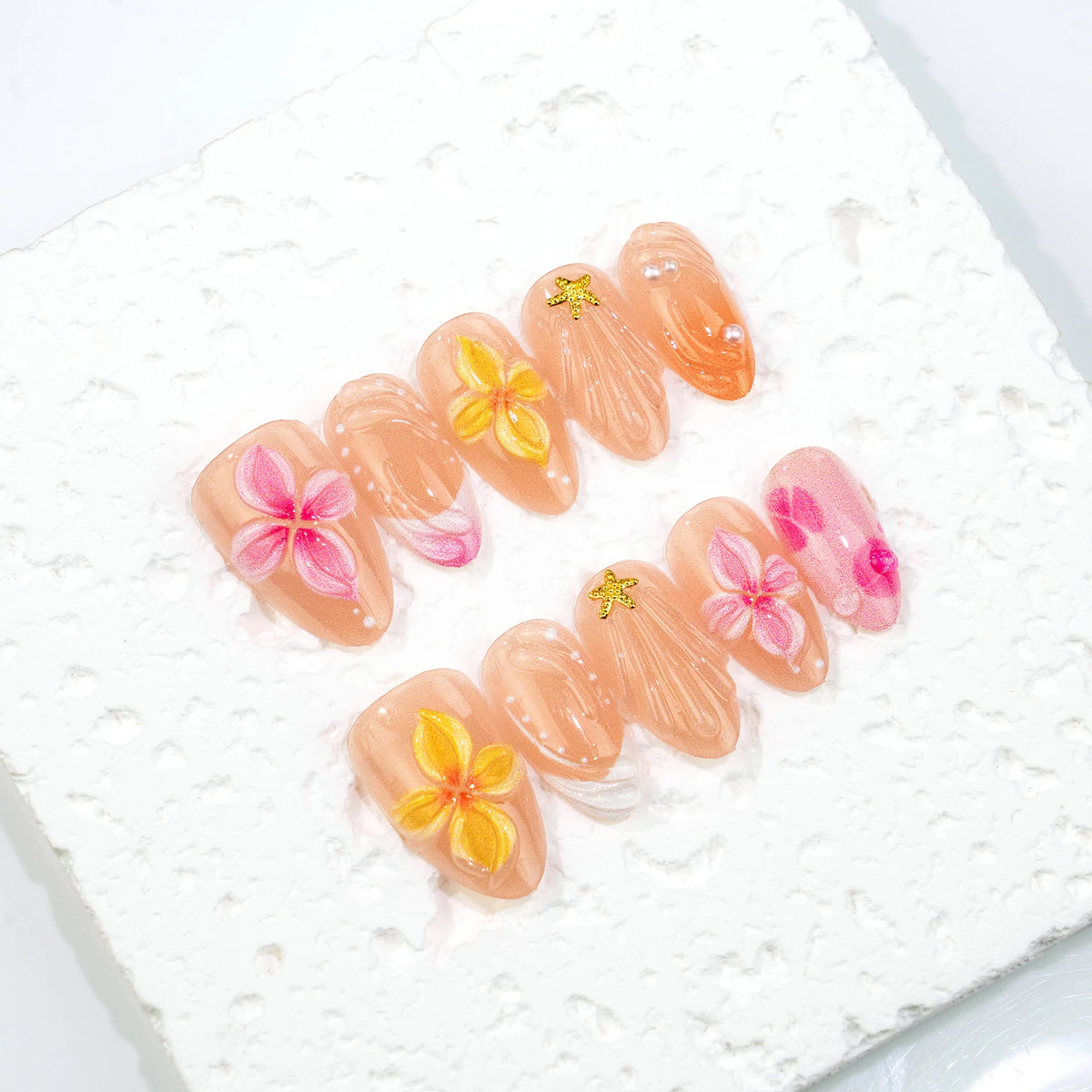 Press-On Nail Set Floral 3D Accents Adhesive Tabs