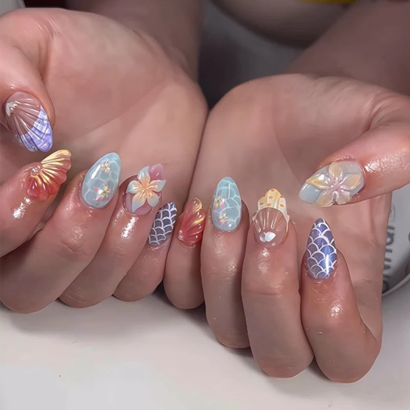 Press-On Nail Set Floral 3D Self-Adhesive & Durable