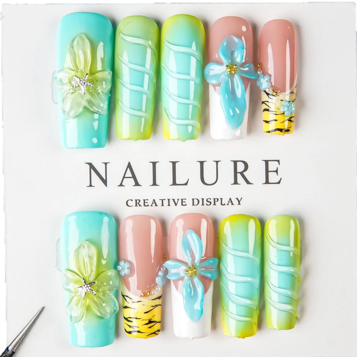 Press-On Nail Set Floral & Abstract Designs Durable Glossy