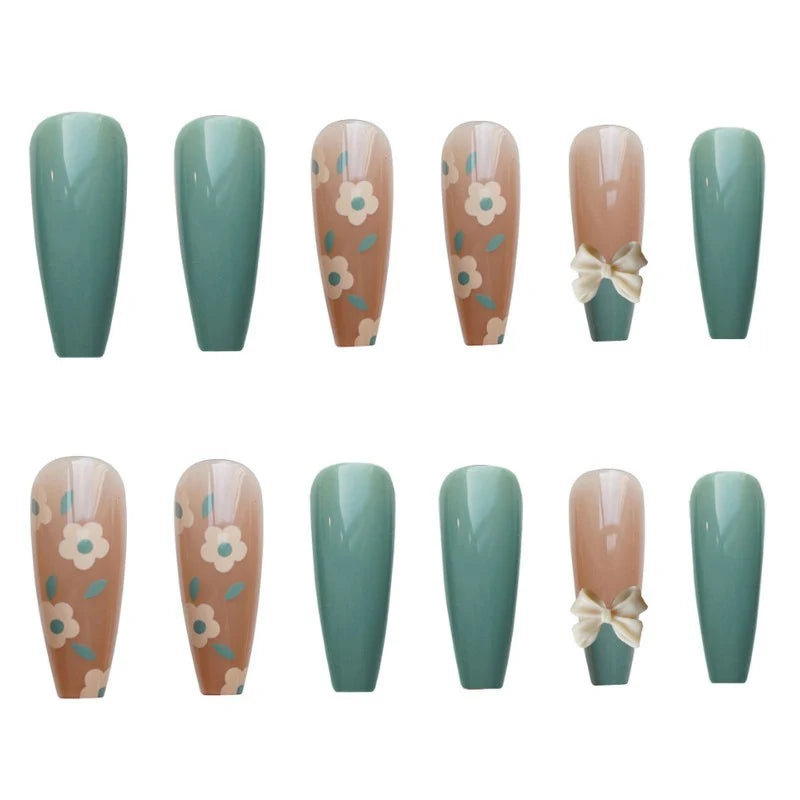 Press-On Nail Set Floral Accent & Bow Design Glue-On