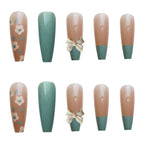 Press-On Nail Set Floral Accent & Bow Design Glue-On