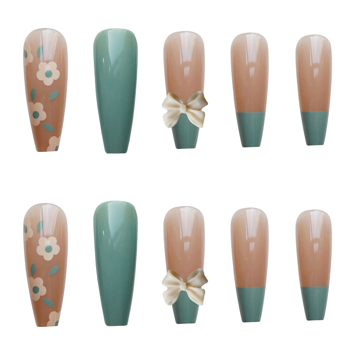 Press-On Nail Set Floral Accent & Bow Design Glue-On