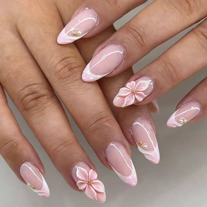 Press-On Nail Set Floral Accent Durable Plastic Easy Application