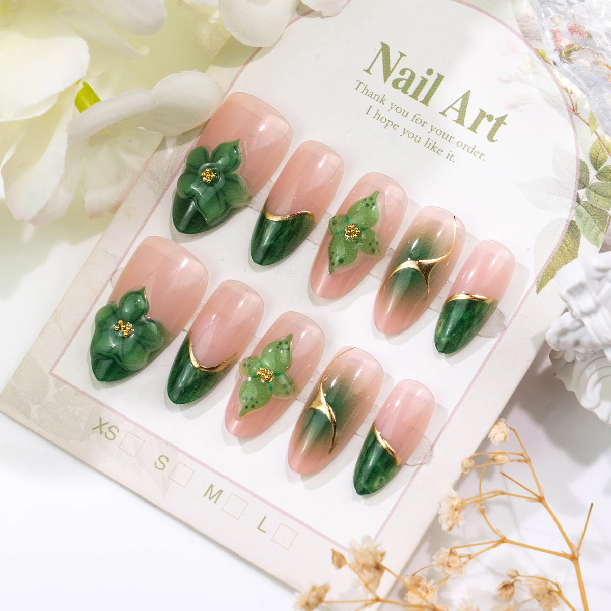 Press-On Nail Set Floral Accent Easy Application Multiple Sizes