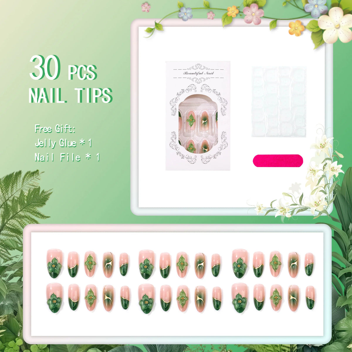 Press-On Nail Set Floral Accent Easy Application Multiple Sizes