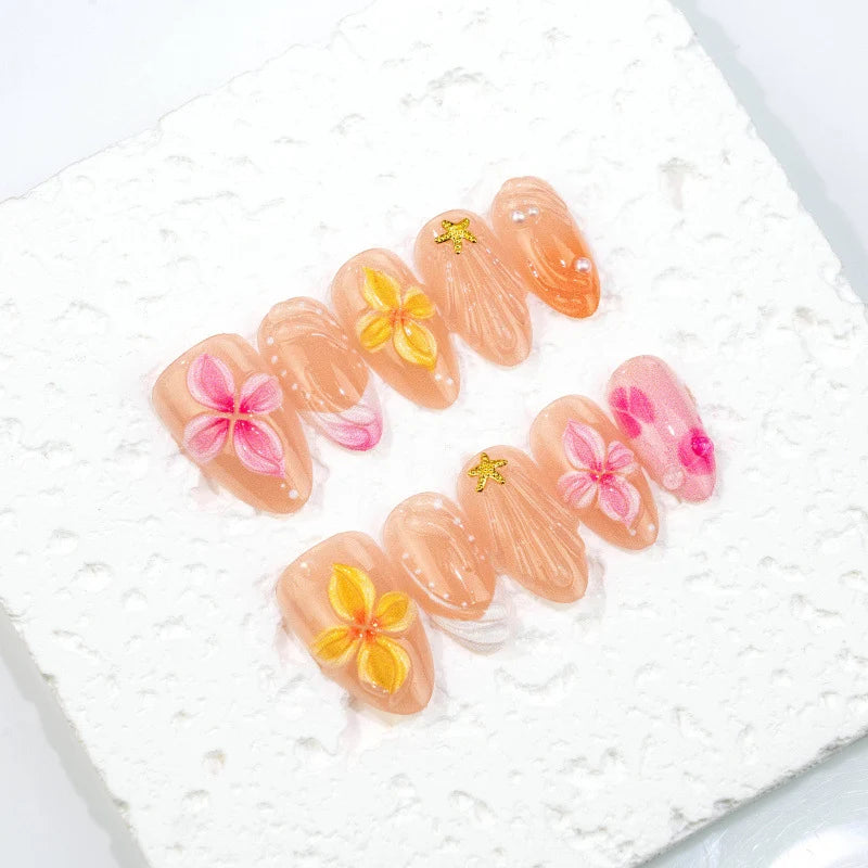 Press-On Nail Set Floral Accent & Glossy Finish