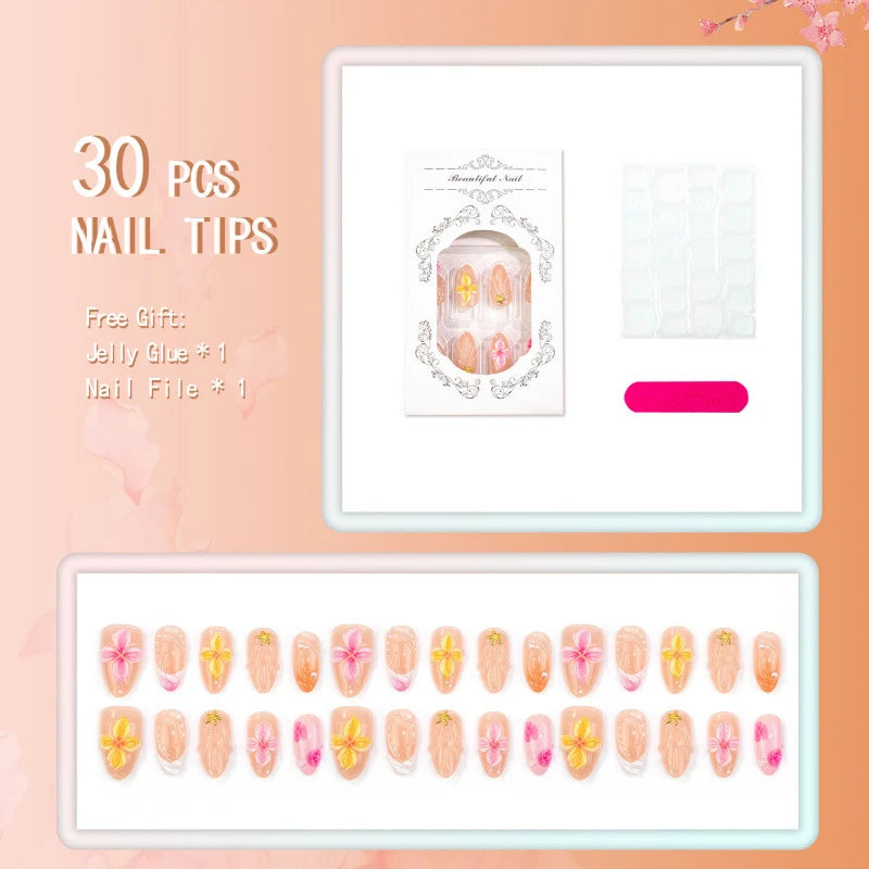 Press-On Nail Set Floral Accent & Glossy Finish