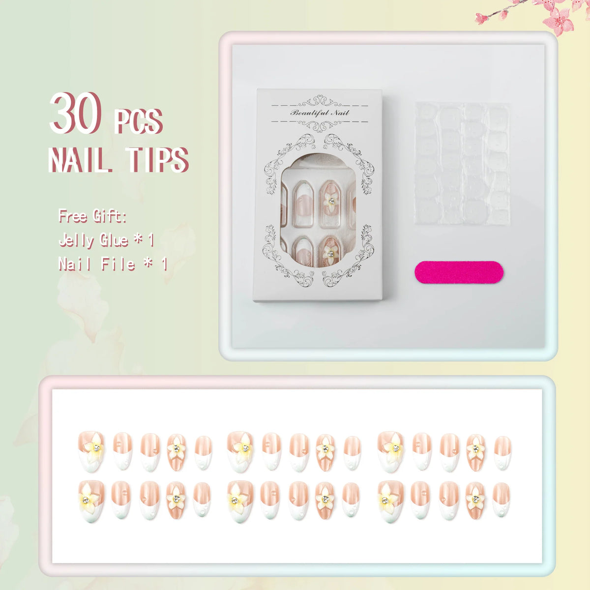 Press-On Nail Set Floral Accent Glossy Finish Reusable