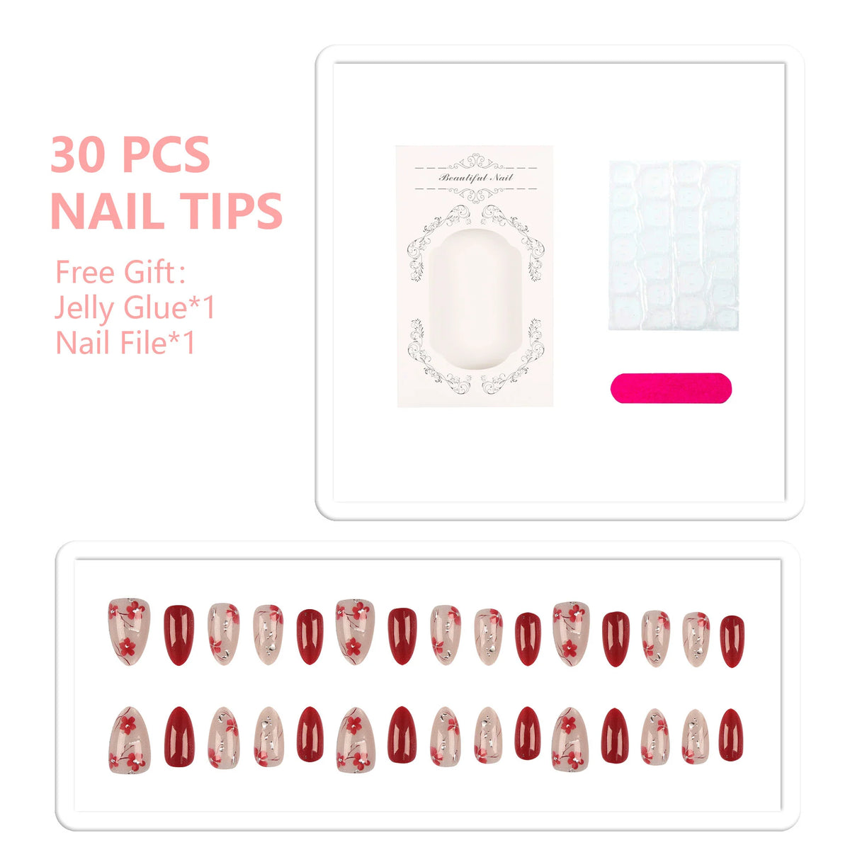 Press-On Nail Set Floral Accent Includes Glue & File