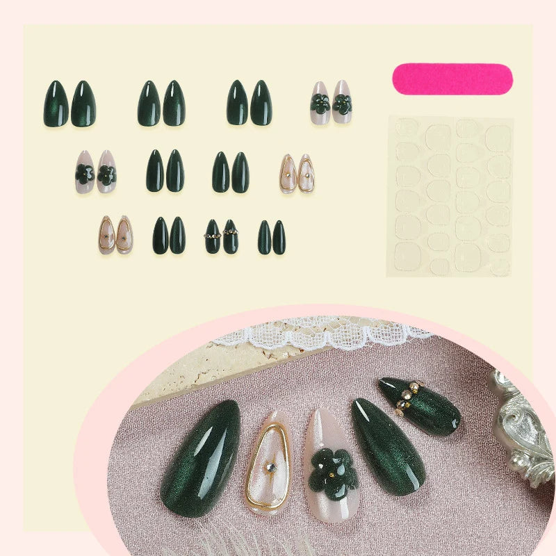 Press-On Nail Set Floral Accent Reusable Multiple Sizes