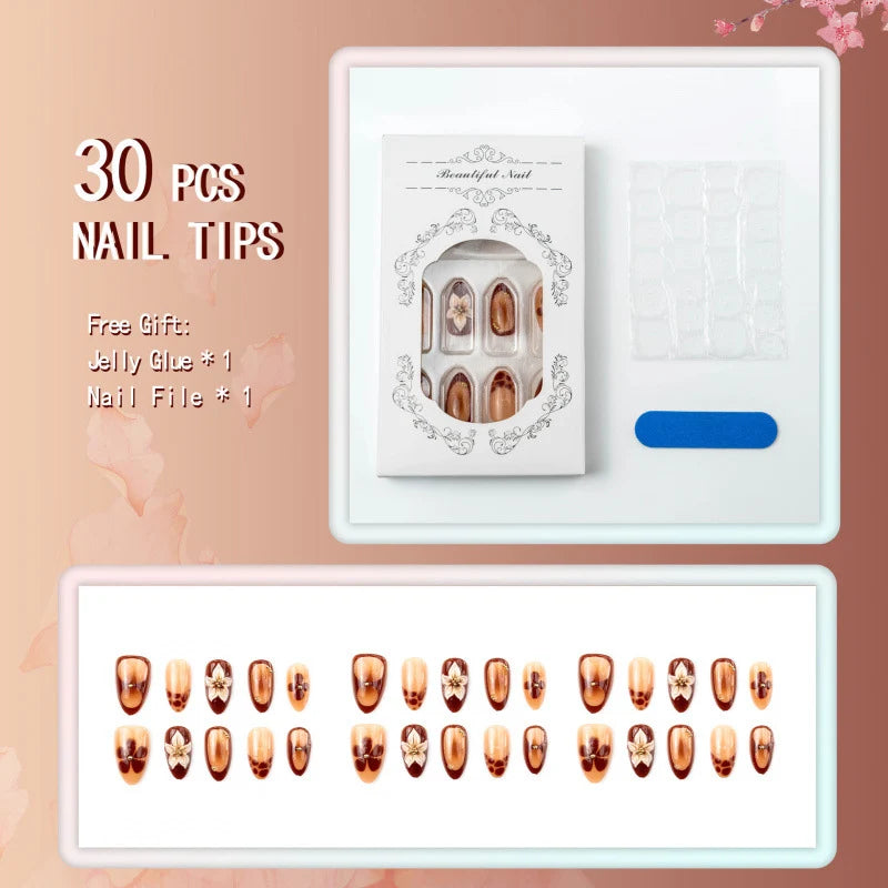 Press-On Nail Set Floral Accents Chip-Resistant Easy Application