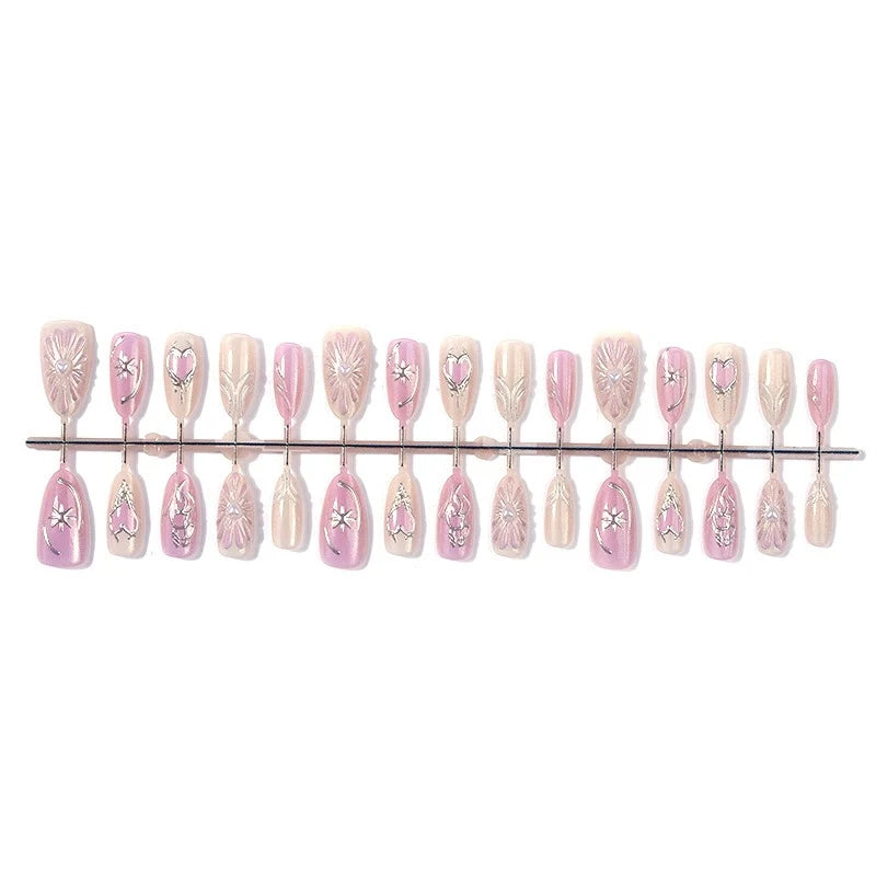 Press-On Nail Set Floral Accents & Glitter Includes Glue